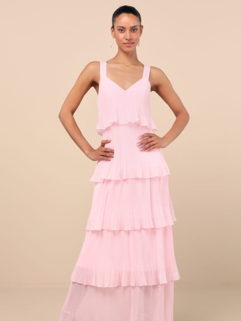 Lulus Elegant Nature Blush Pink Pleated Sleeveless Tiered Maxi Dress - Size M